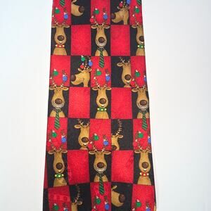 Hallmark Silk Christmas Tie Men Reindeer Red Black Check Holiday Novelty Retro